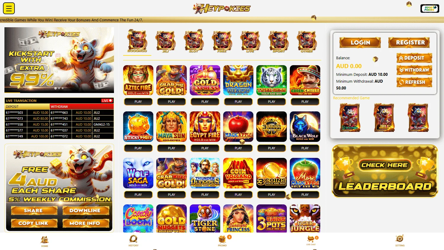 Heypokies Casino desktop home experience with the main casino offer and AUD-focused account features