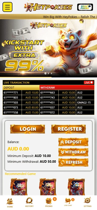 HEYPOKIES mobile casino app with access to AUD play, games and promotions