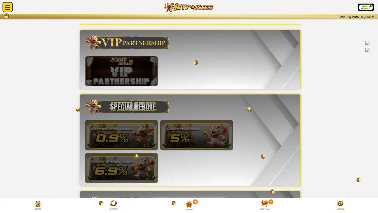 Heypokies Casino desktop promotions featuring the $19 no deposit bonus and welcome package
